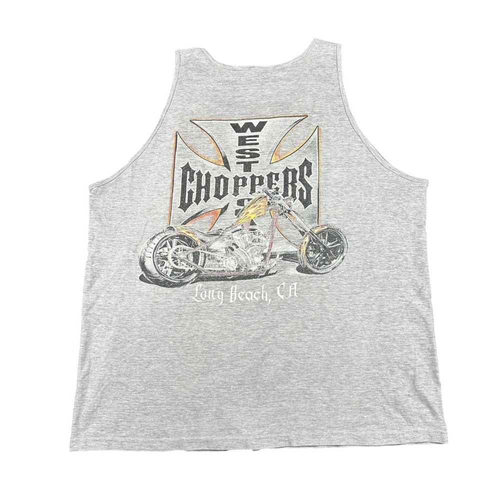 Vintage West Coast Choppers Tank Top Mens XL Gray Flame Graphic Biker Long Beach